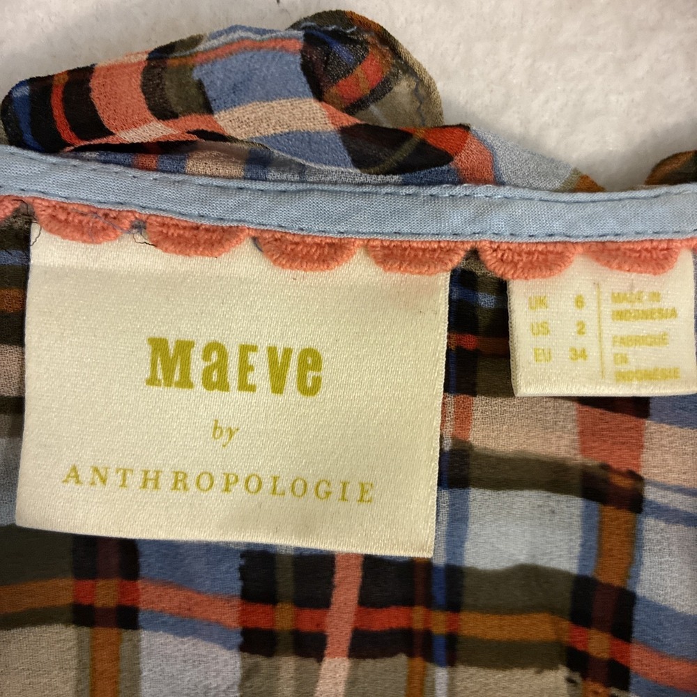 Maeve Anthropologie Laila Blouse Womens Size 2 Plaid Ruffle‎ Sheer Prairie Wrap - Picture 4 of 12
